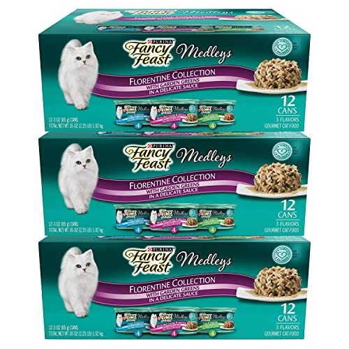 Fancy Feast Elegant Medleys Florentine Collection Cat Food Variety Pack 12-3 oz. Cans [Contains: 4 Each: Turkey Florentine, Tuna Florentine & White Meat Chicken Florentine] (3 Cases of 12 cans)