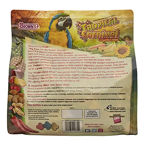 Tropical Carnival F.M. Brown's, Gourmet Macaw Food Big Bites for Big Beaks - Seeds, Veggies, Fruits, and Nuts with Probiotics