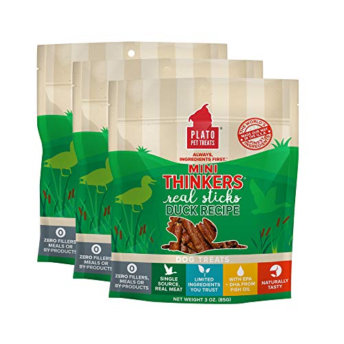 PLATO, Pet Treats, Mini Thinker Sticks Soft Chewy Dog Treats, Air-Dried in USA, Duck, 3 oz Bags (3 Pack)