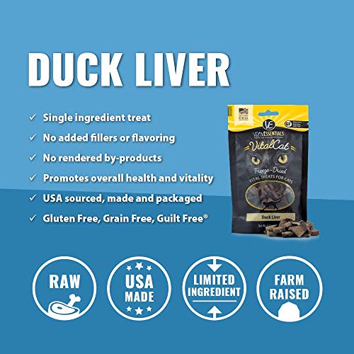 Vital Cat Duck Liver All-Natural Treats - Delectable Raw Nutrition for All Ages - Made in USA - Grain Free - Low Calorie for Healthy Weight 0.9 oz Resealable Bag - 3 Pack