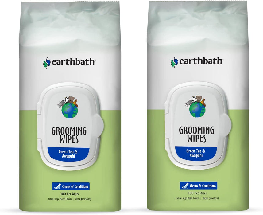 Earthbath Green Tea & Awapuhi Pet Grooming Wipes - Safely Wipe Away Dirt and Odor, Aloe Vera, Vitamin E, Good for Dogs & Cats - 100 Count, (Pack of 2)