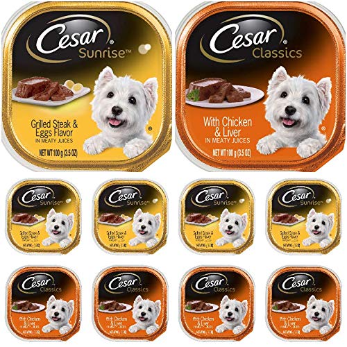 cesars Wet Dog Food 5 Breakfast (Grilled Steak and Eggs) and 5 Dinner (Chicken and Liver) - totaling 10 Individual Containers 3.5oz ea …