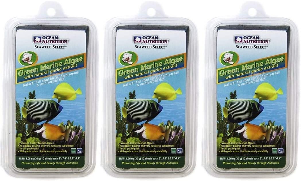 Ocean Nutrition 3 Pack of Green Marine Algae Fish Food, 10 Sheets Each, with Natural Garlic Extract for All Herbivorous & Omnivorous Fish