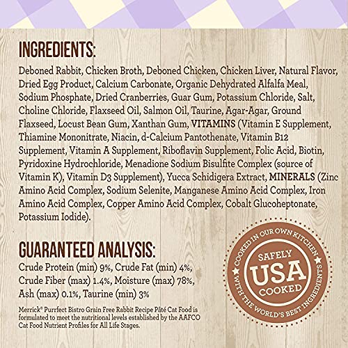Merrick Purrfect Bistro Canned Cat Food, Rabbit Pâté Recipe, Grain Free Natural Cat Food with Added Vitamins & Minerals, for All Life Stages, 5.5 OZ Can (Pack of 12)