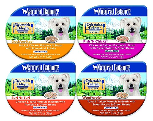 Natural Balance Delectable Delights 2.75-oz tubs Grain-Free Wet Dog Food, Case of 16 with 4 Flavors - Fish 'N Chicks, Duck'en-itas, Surf 'N Turf, and Woof'erole