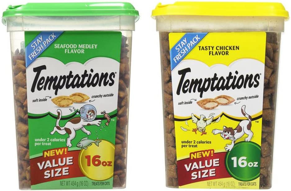 Value Size Temptations Treats for Cats Bundle: Seafood Medley Flavor (16 oz) and Tasty Chicken Flavor (16 oz)