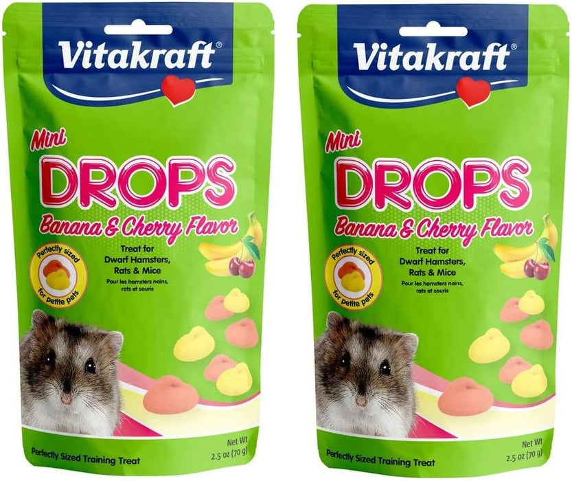 Vitakraft 2 Pack of Mini Drops Treats, 2.5 Ounces Each, Banana and Cherry Flavor, for Dwarf Hamsters Rats and Mice