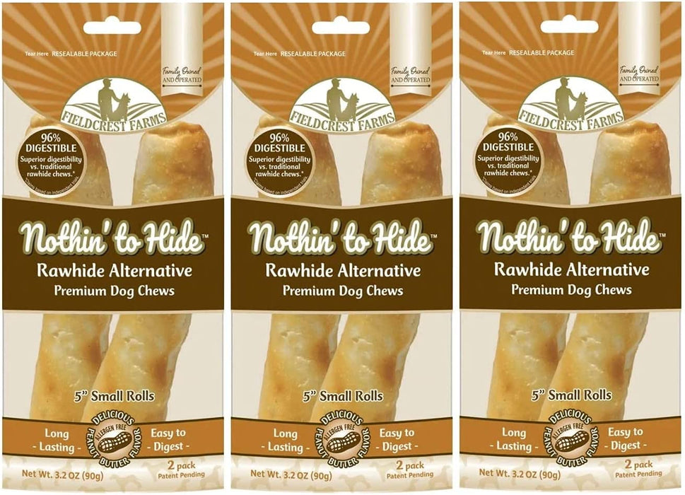 Nothing to Hide Natural Rawhide Alternative 5'' Rolls for Dogs - 3 Pack (6 Chews) Premium Grade Easily Digestible Chews - Great for Dental Health by Fieldcrest Farms