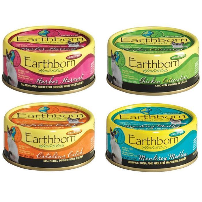 Earthborn Holistic Wet Cat Food Variety Pack - 4 Flavors (Catalina Catch, Harbor Harvest, Chicken Catcciatori, and Monterey Medley) - 5.5 Ounces Each (12 Total Cans)