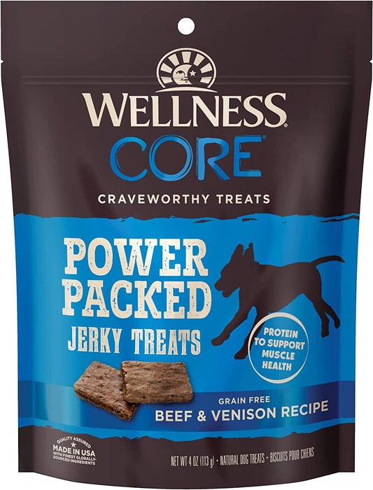 WELLNESS CORE Pure Rewards Natural Grain Free Dog Treats, Soft Jerky Bites, 4-Ounce Bag (Beef & Venison Jerky, (3 Pack) 4-Ounce Bag)