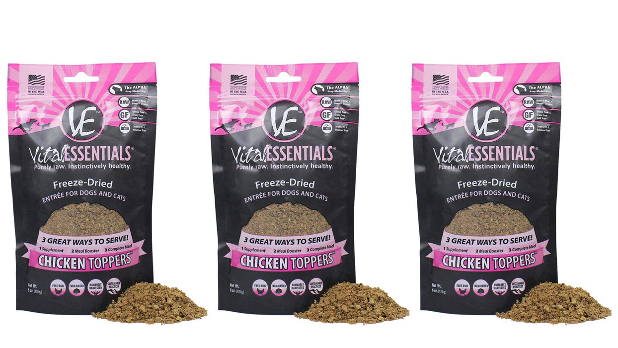 Vital Essentials Freeze Dried Chicken Topper - Meal Mixer for Dogs Or Cats - 100% USA All Natural - All Breeds - Grain Free-Picky Eater Approved- Sprinkle on Kibble or Add Water for Gravy 6 oz- 3 pack