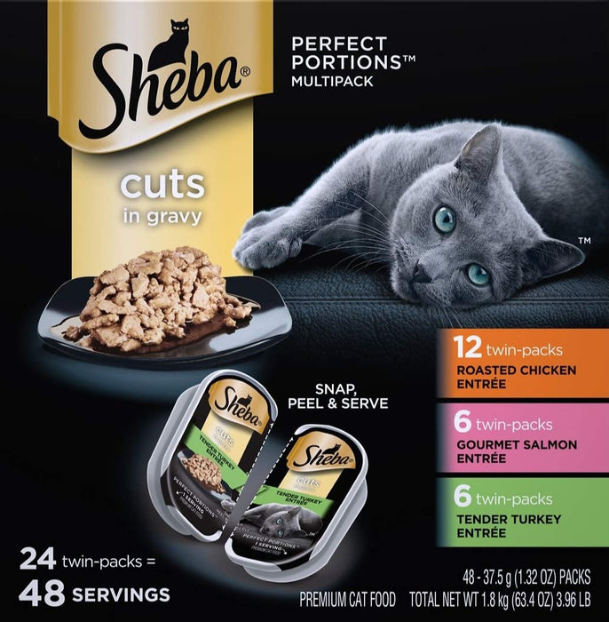 Sheba Perfect Portions Gravy Roasted Chicken, Gourmet Salmon, Tender Turkey Variety Pack Wet Cat Food, 2.64 oz., Count of 24