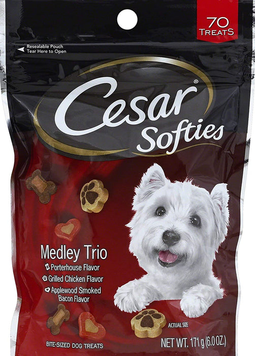 Cesar Softies Dog Treats Medley Trio, Porterhouse, Grilled Chicken and Applewood Smoked Bacon Flavors, 70 Treats