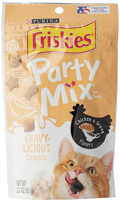 Friskies Party Mix Cat Treats, Crunch, Gravy-licious Chicken and Gravy Flavors, 2.1 Oz Pouch