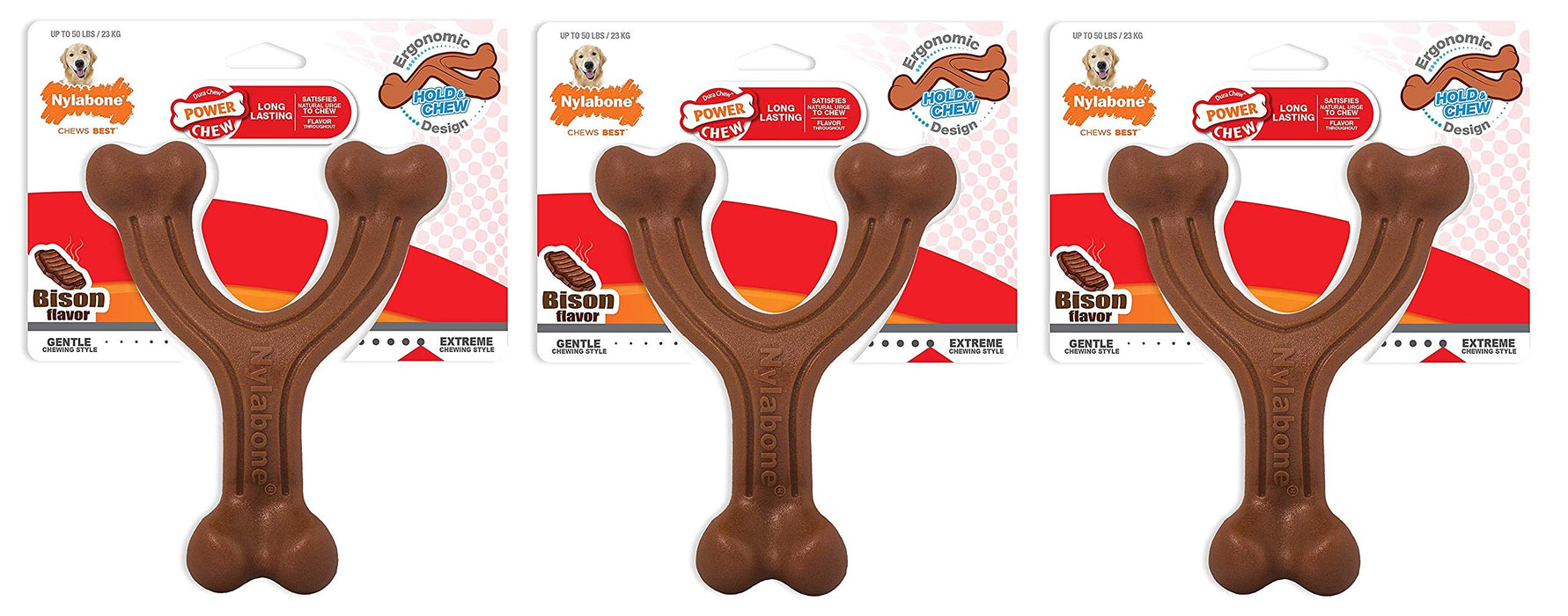 Nylabone 3 Pack of Power Chew Wishbone Chew Dog Toys, Giant, Bison Flavor