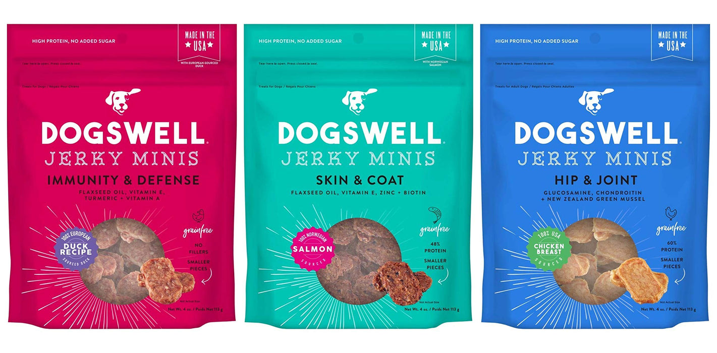 DOGSWELL Grain Free Jerky Minis Variety Pack in 3 Flavors: Hip & Joint Chicken, Immunity & Defense Duck, and Skin & Coat Salmon (4 Ounces Each, 3 Bags Total)